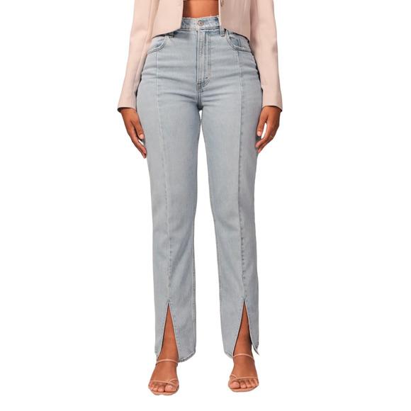 Abercrombie Curve Love 90s Straight Ultra High Rise Light Wash Front Slit 27 - Picture 3 of 12